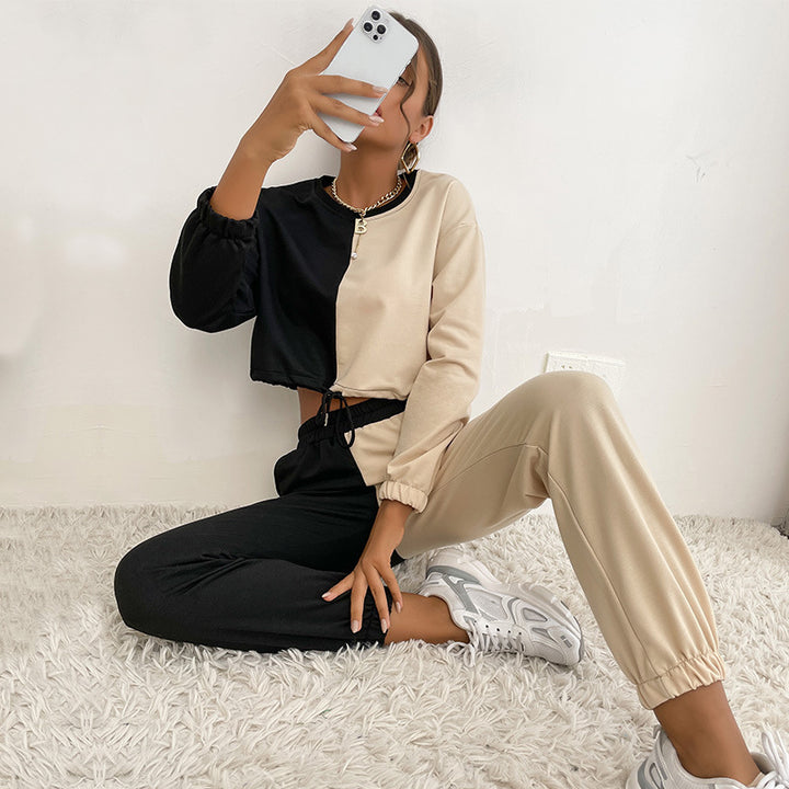 Damen Zweiteiliges Cropped-Lounge-Set mit Farbblock-Optik, Kordelzug und Jogger Echoarchiv