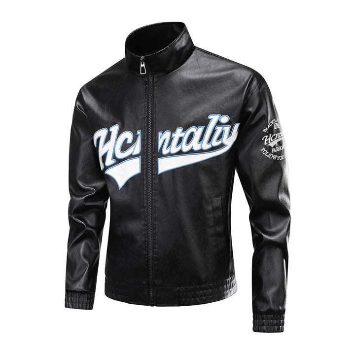 Herren Lederimitat-Bomberjacke mit Stehkragen, Logostickerei & Frontzip Echoarchiv