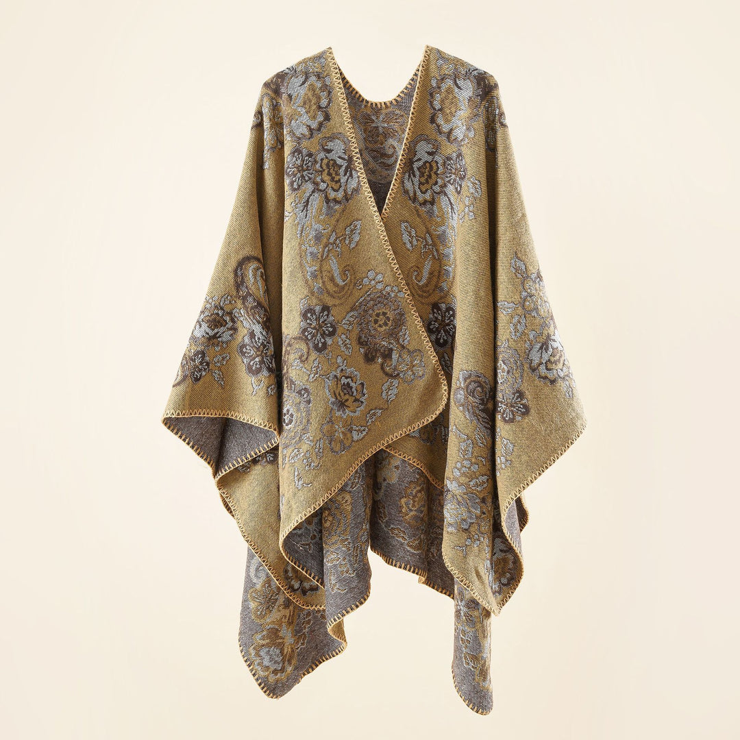 Damen Reversibler Strick-Umhang mit floraler Jacquard‑Webung und Zierkettelnaht – Veloura