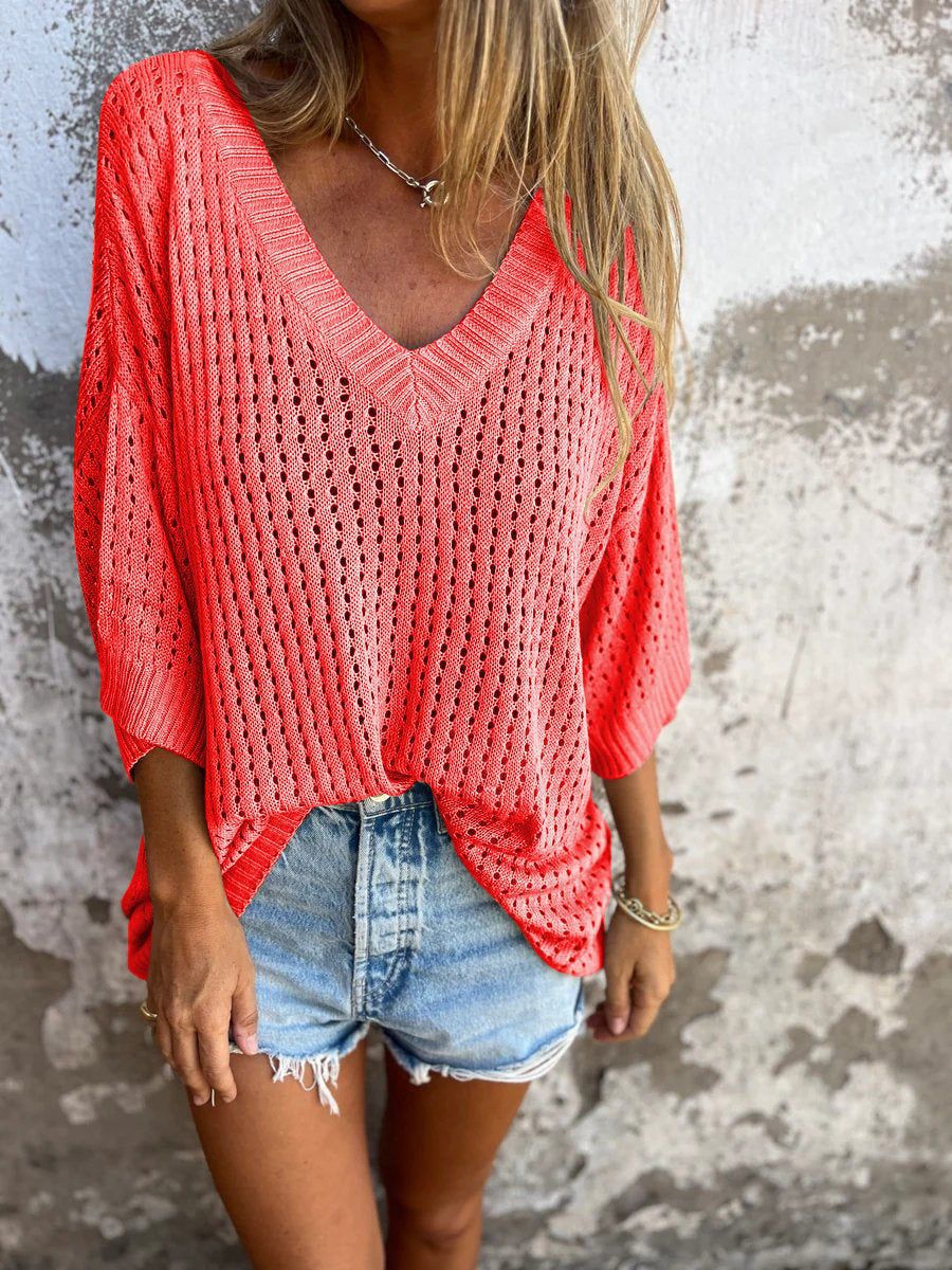 Damen nan luftig gestrickter V-Ausschnitt Pullover im Oversize-Schnitt Echo Archiv