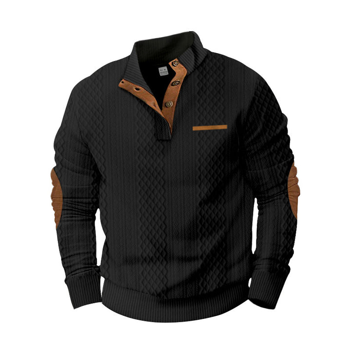 Herren nan strukturierter Strickpullover mit Stehkragen, Knopfleiste und Ellenbogenpatches Echo Archiv