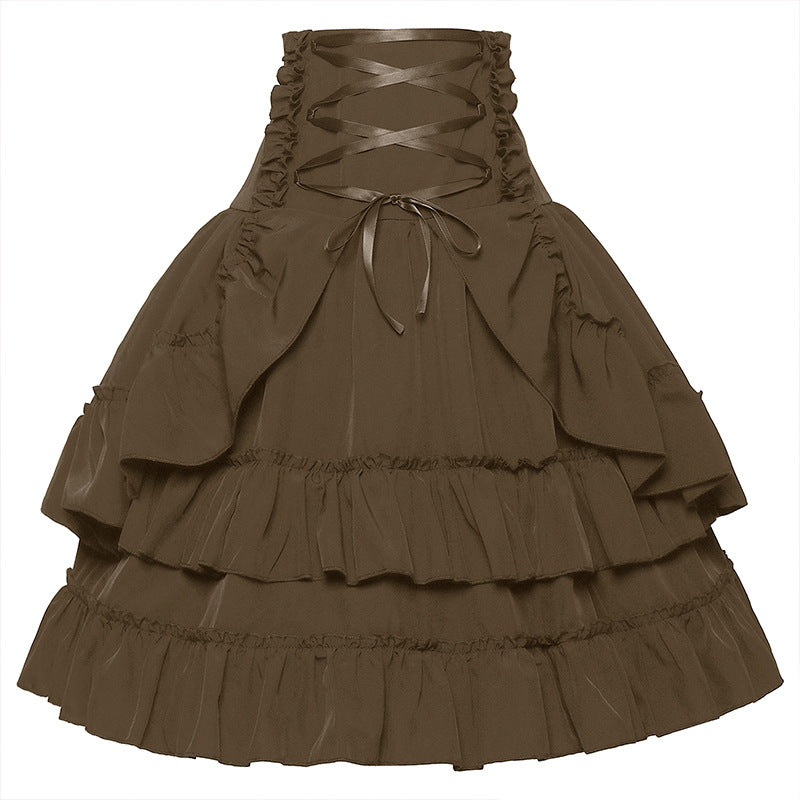 Damen gestufter Gothic-Lolita Tellerrock mit hochgeschnittener Schnürtaillenbesatz – Valéora