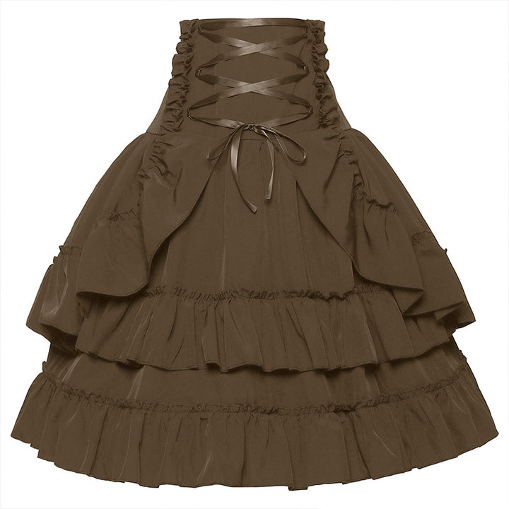 Damen gestufter Gothic-Lolita Tellerrock mit hochgeschnittener Schnürtaillenbesatz – Valéora