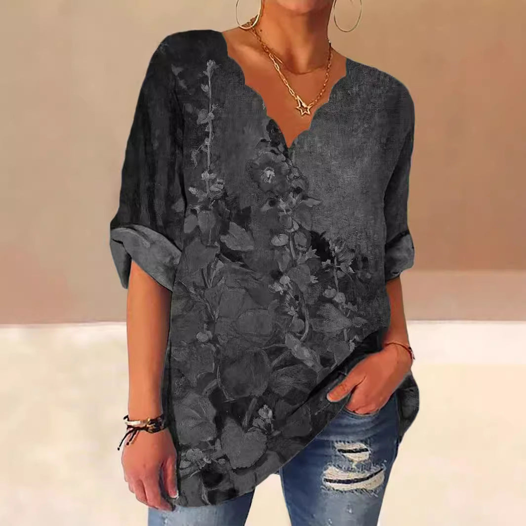 Damen Lockere Bluse mit Welligem V-Ausschnitt und Aquarell Floral Print – Élovi