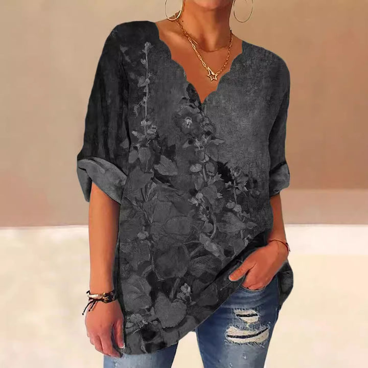 Damen Lockere Bluse mit Welligem V-Ausschnitt und Aquarell Floral Print – Élovi