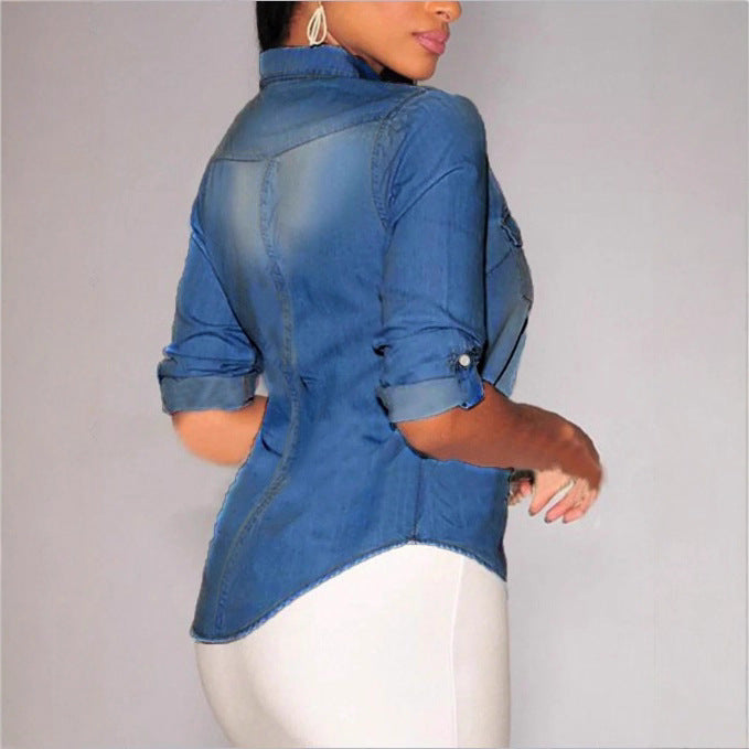 Damen taillierte Denim-Hemdbluse mit Brusttaschen und Perlmuttknöpfen Echo Archiv