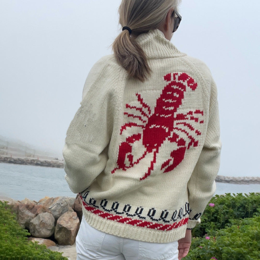 Damen Oversize Strickcardigan mit Walmotiv und nautischer Kontrastbordüre Echoarchiv