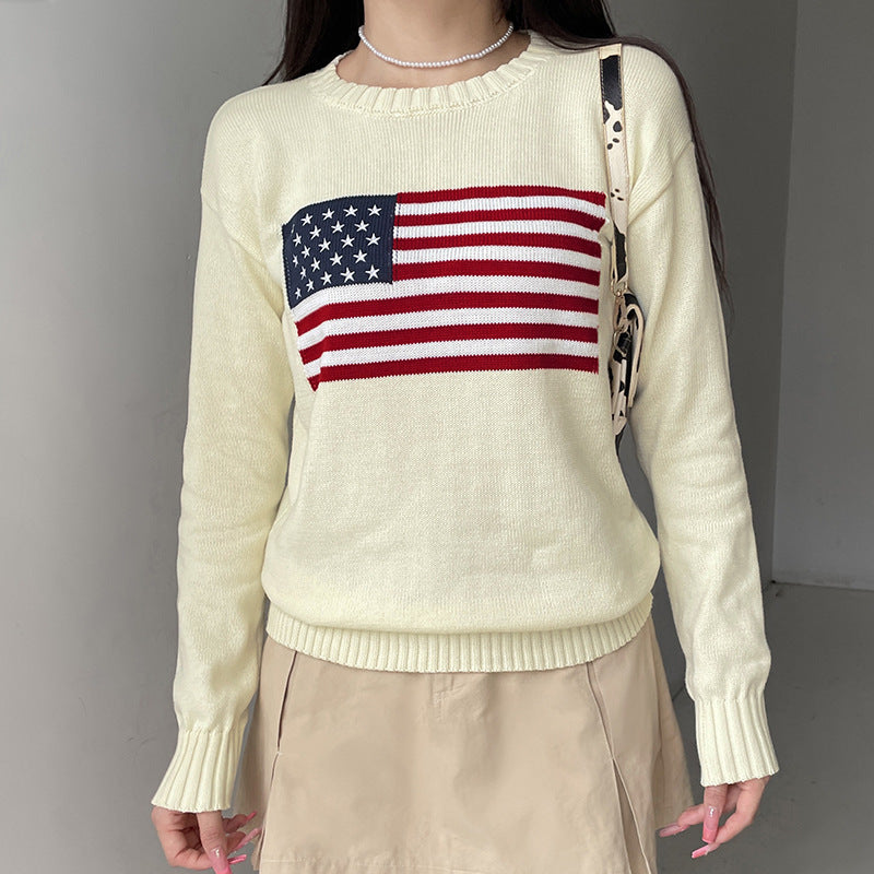 Damen Kuscheliger Baumwollmix-Strickpullover mit Rundhals und eingestrickter Flaggenapplikation Echo Archiv