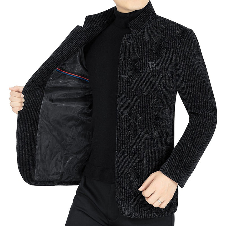 Herren Moderner Stehkragen-Blazer im Bouclé-Look mit feiner geometrischer Struktur – Tianoro