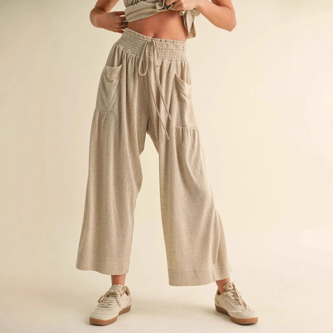 Damen weite Culotte-Jerseyhose mit Smockbund und Eingrifftaschen – Avérine