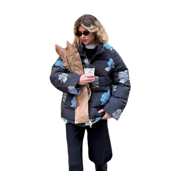 Damen Gepolsterte Oversize-Steppjacke mit Blumenprint und Kapuze Echoarchiv