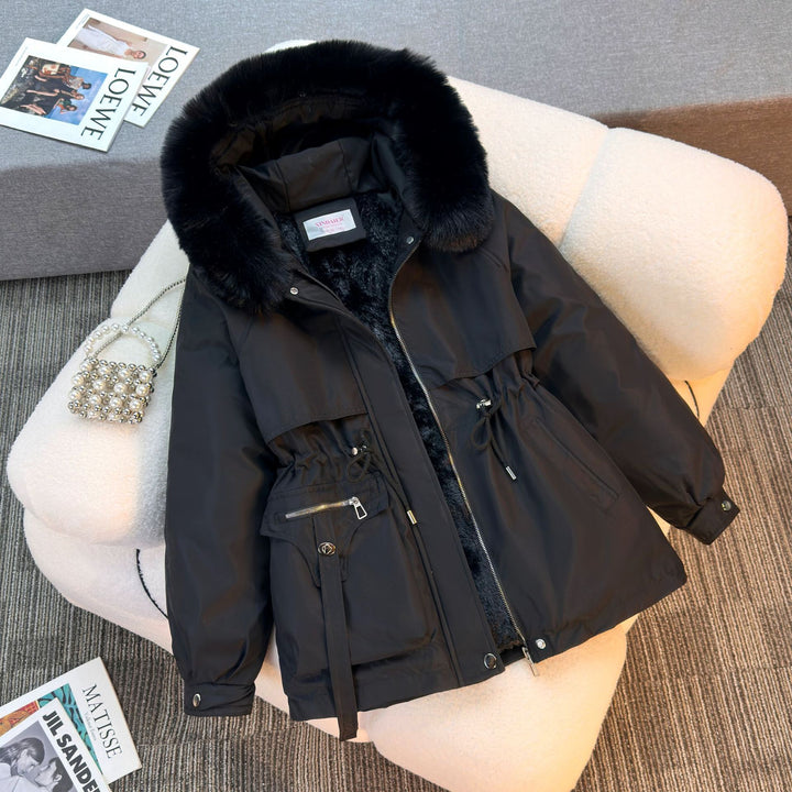 Damen nan kurze gefütterte Parka mit Kunstpelzkragen Teddyfutter Taillenzug und Multifunktions-Taschen Echo Archiv