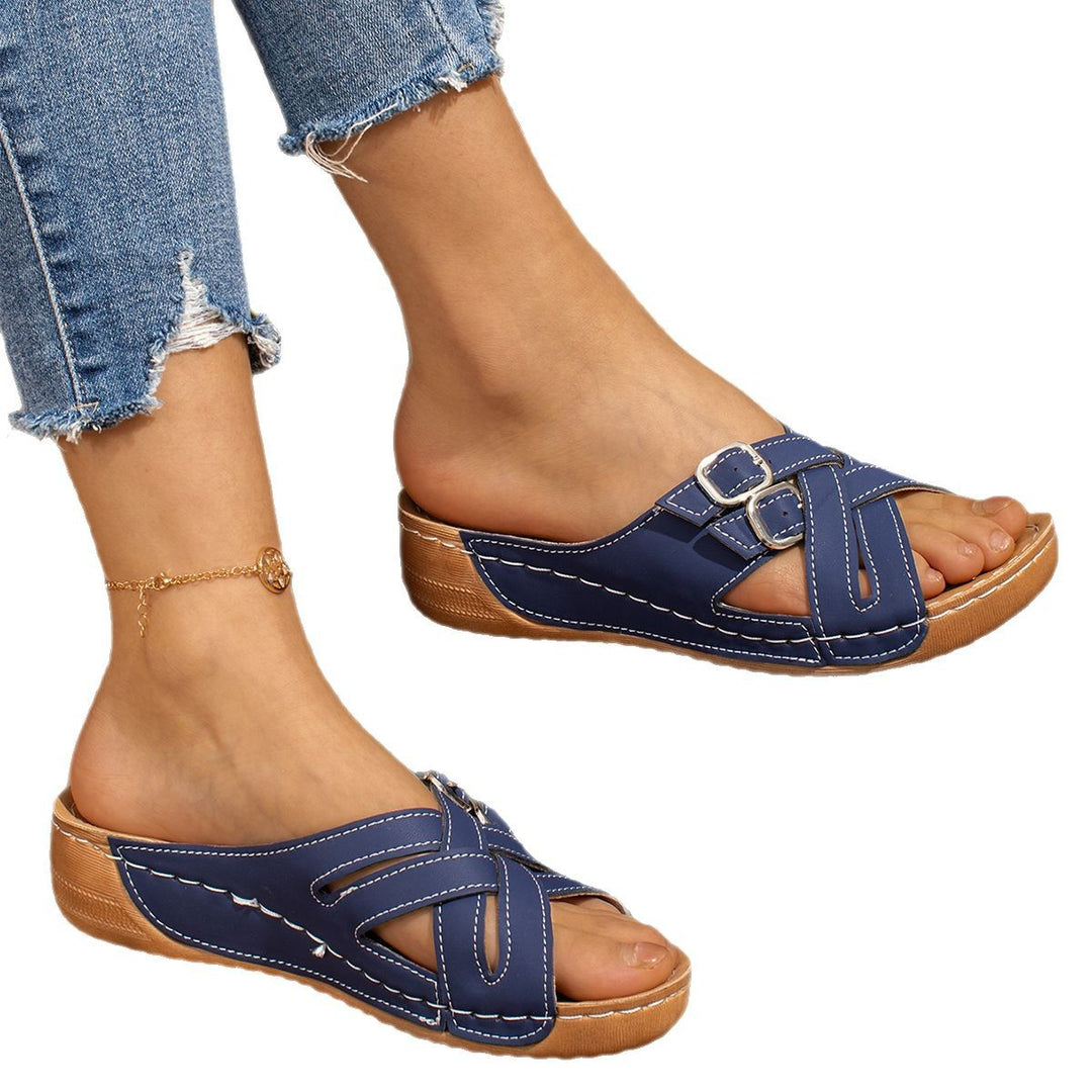 Damen nan Lederimitat-Pantolette mit überkreuzten Komfortriemen, verstellbaren Doppelschnallen und ergonomischem Memory-Fußbett Echo Archiv