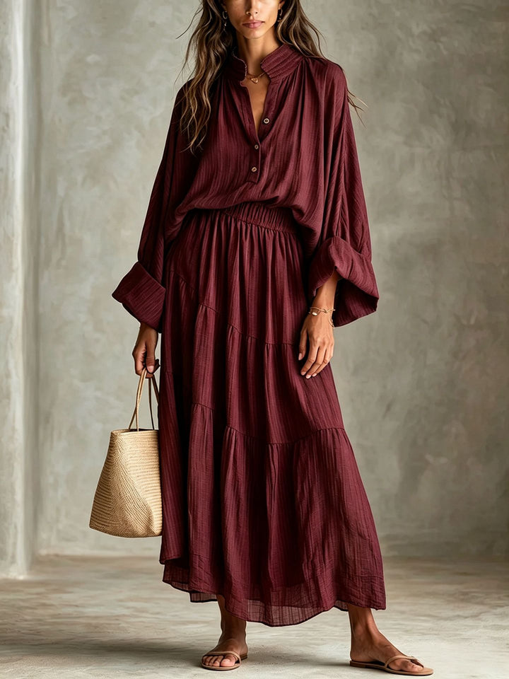 Damen Maxikleid mit geraffter Taille, Stehkragen und voluminösen Ballonärmeln Echoarchiv