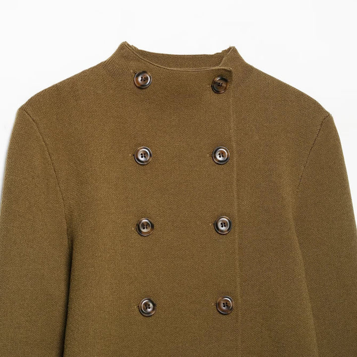 Damen Doppelreihige Cropped Strickjacke mit Stehkragen Echoarchiv