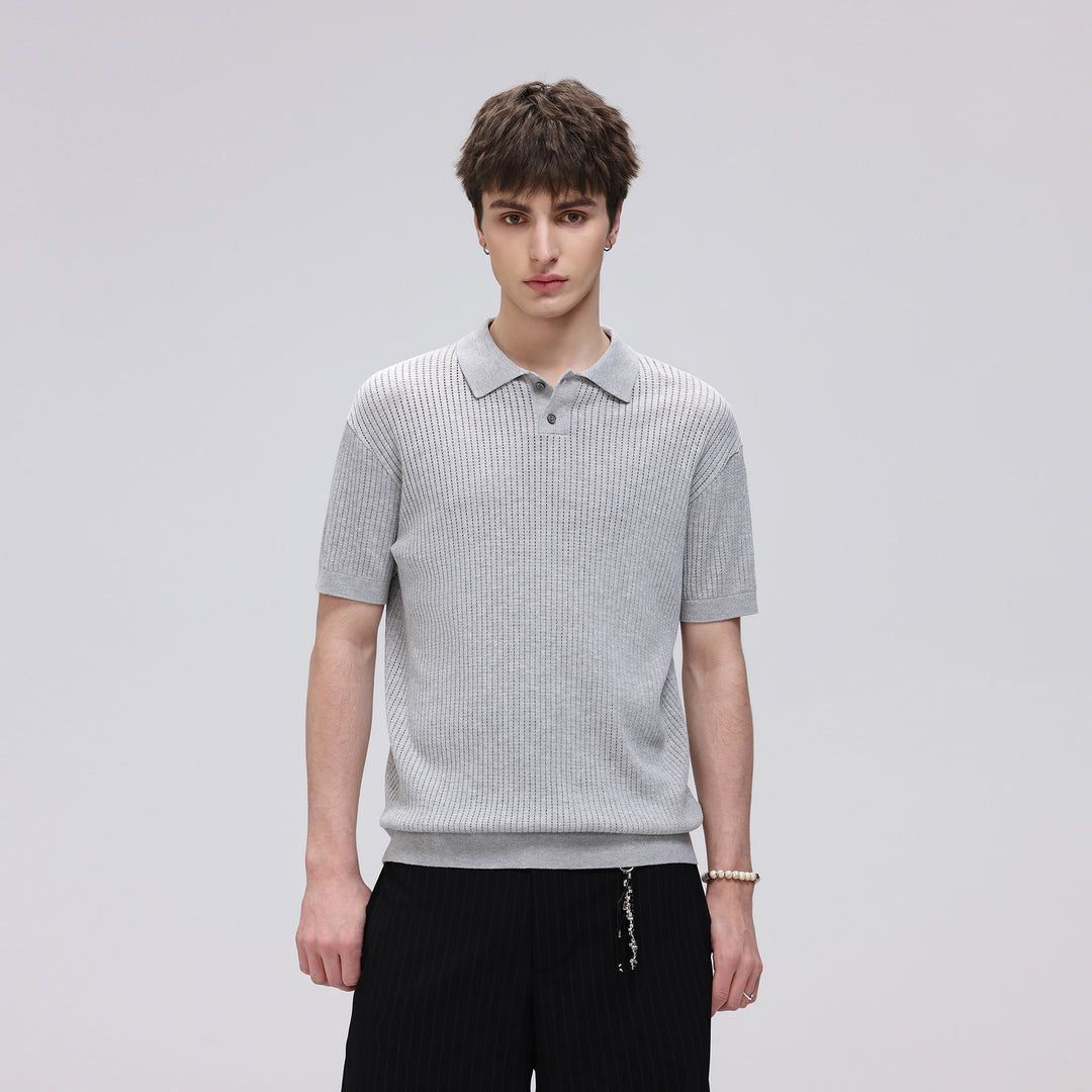 Herren Kurzarm-Feinstrick-Poloshirt mit Strukturstrick und luftiger Perforation Echo Archiv