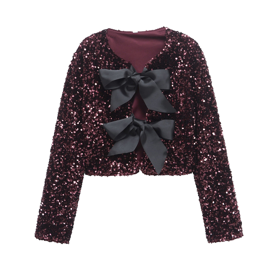 Damen Pailletten-Bolerojacke mit doppelschleifen-Verschluss, gefütterter Innenlage und tailliertem Cropped-Schnitt – Célinea
