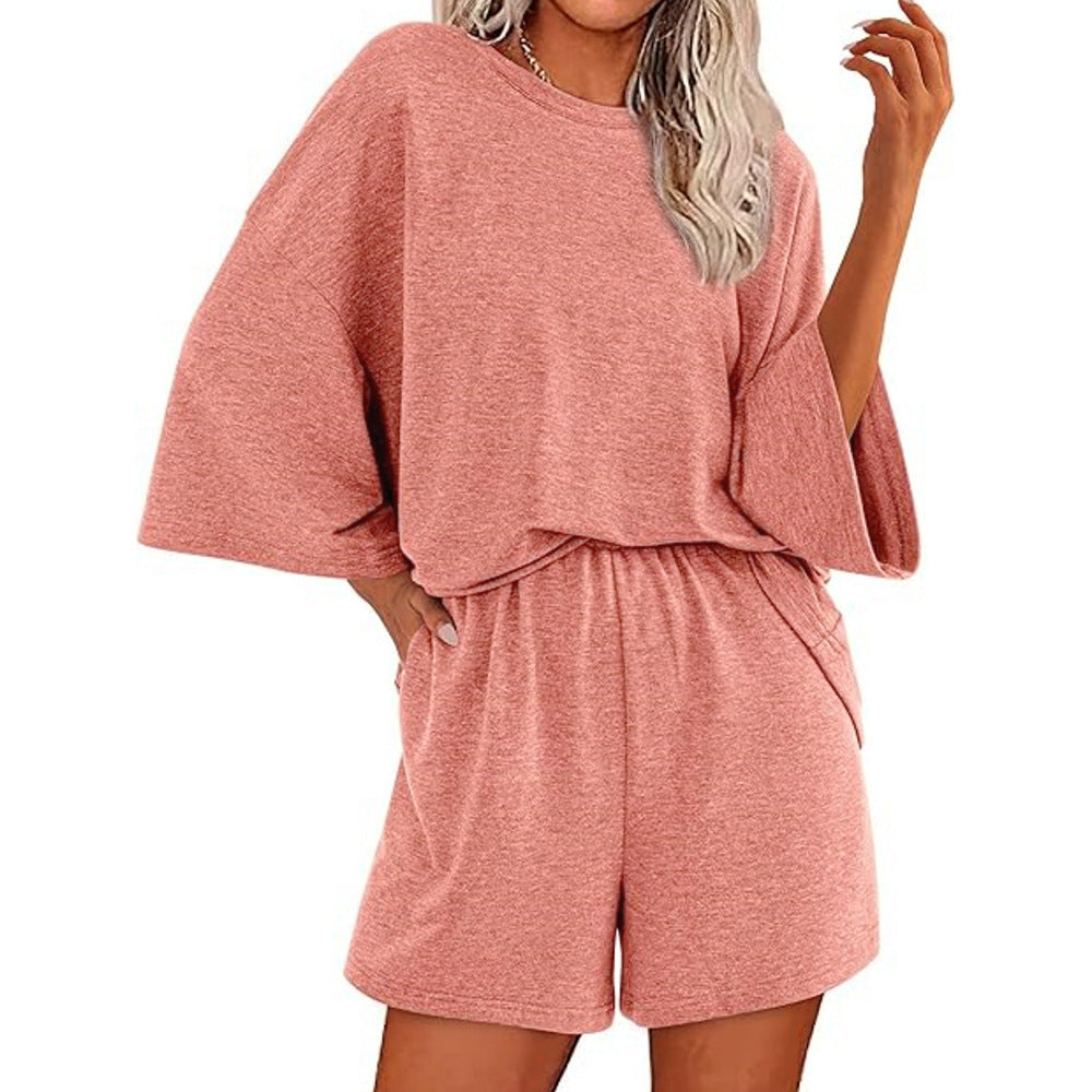 Damen Oversized Fledermaus Kurzarm Lounge Oberteil und Shorts Set mit Elastischem Bund – Élanora