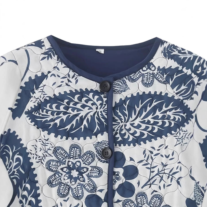 Damen nan gesteppte Steppjacke mit floralem Patchwork-Print, runder Knopfleiste und gerundetem Saum Echo Archiv
