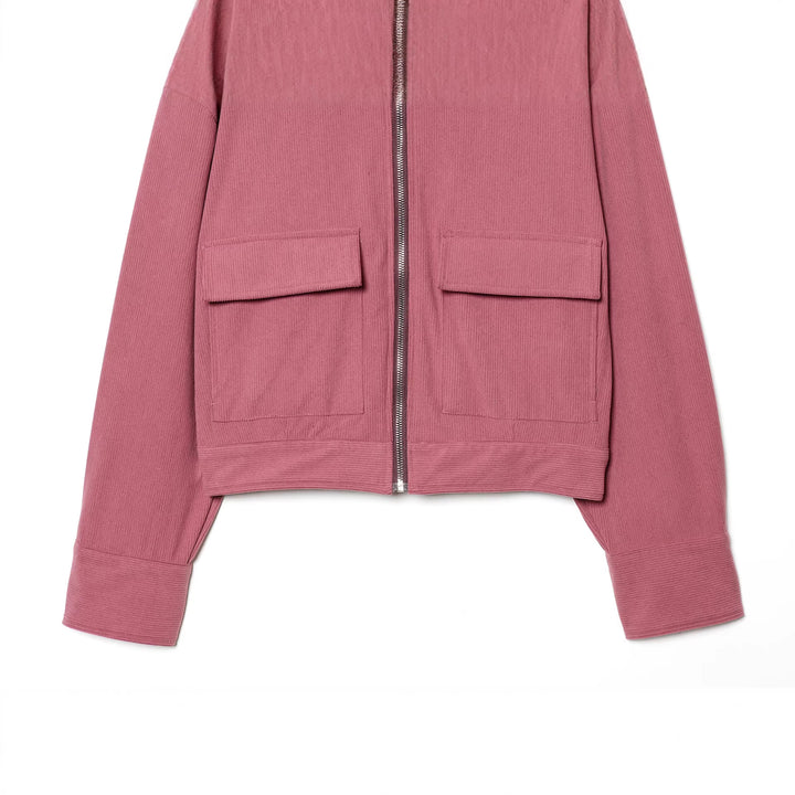 Damen cropped Cordjacke mit übergroßem Kunstlederkragen, Metallreißverschluss und großformatigen Pattentaschen – Célinea