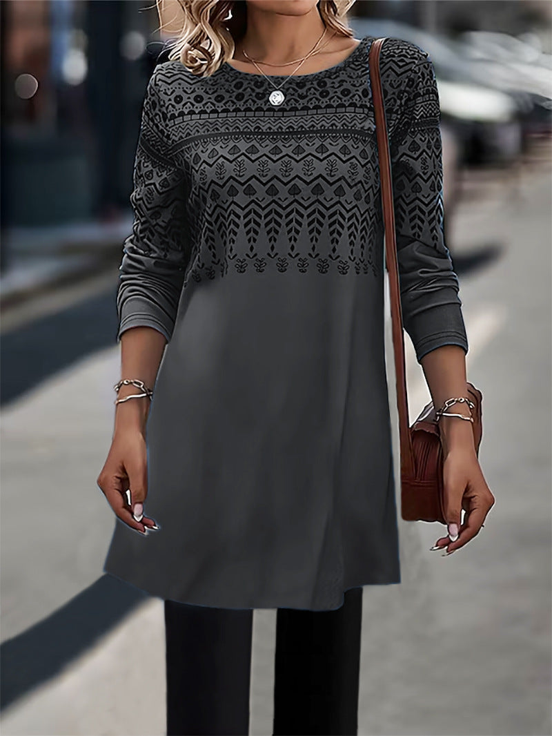Frauen Longline Tunika Kleid mit Ethno Druck und Rundhalsausschnitt Echoarchiv