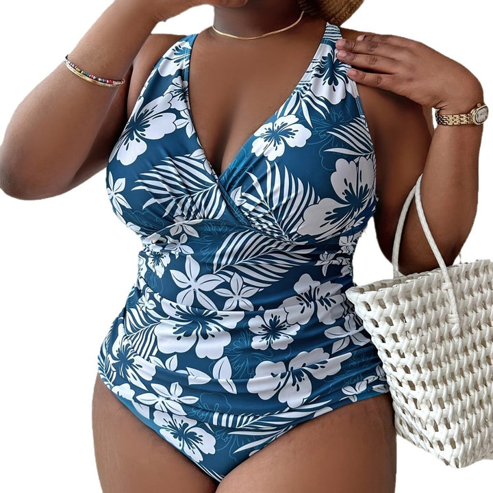 Damen Einteiler Badeanzug mit floralem Design und raffiniertem Wickelausschnitt Echo Archiv