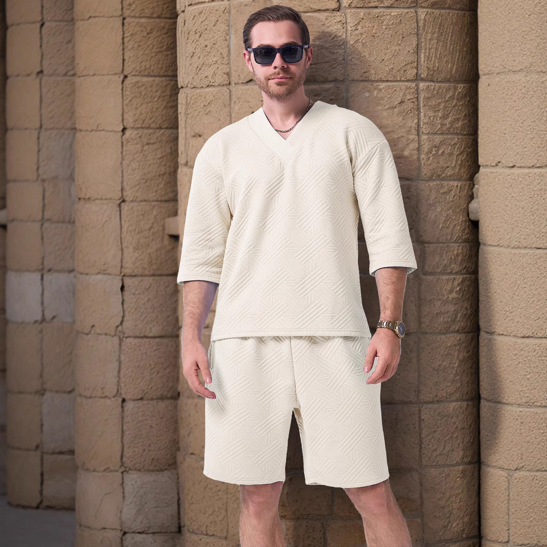 Herren lässiges Kurzarmshirt und Shorts-Set mit strukturiertem Design Echoarchiv