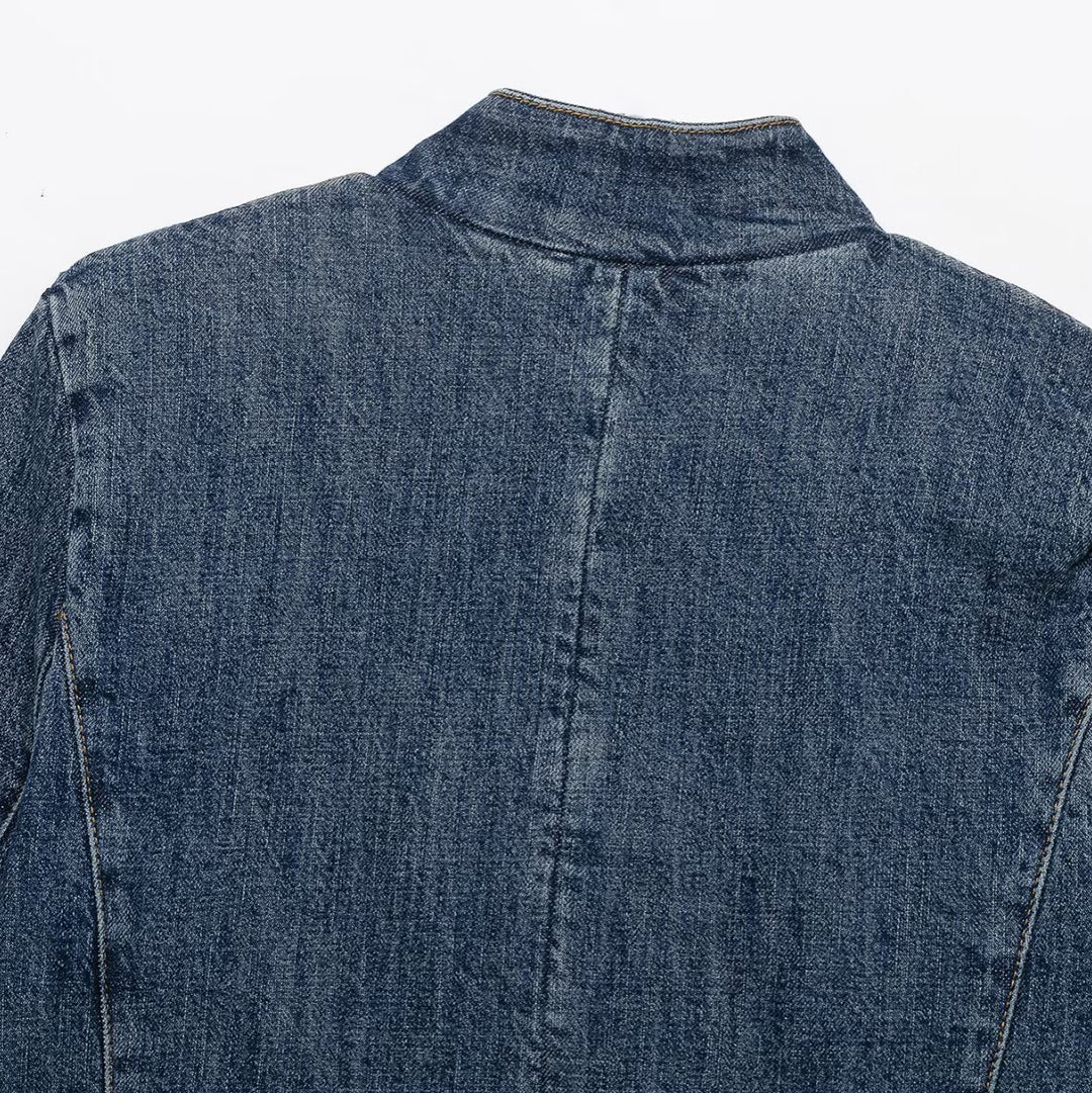 Damen Cropped Jeansjacke im Boxy-Cut mit Stehkragen und verdeckter Knopfleiste Echoarchiv