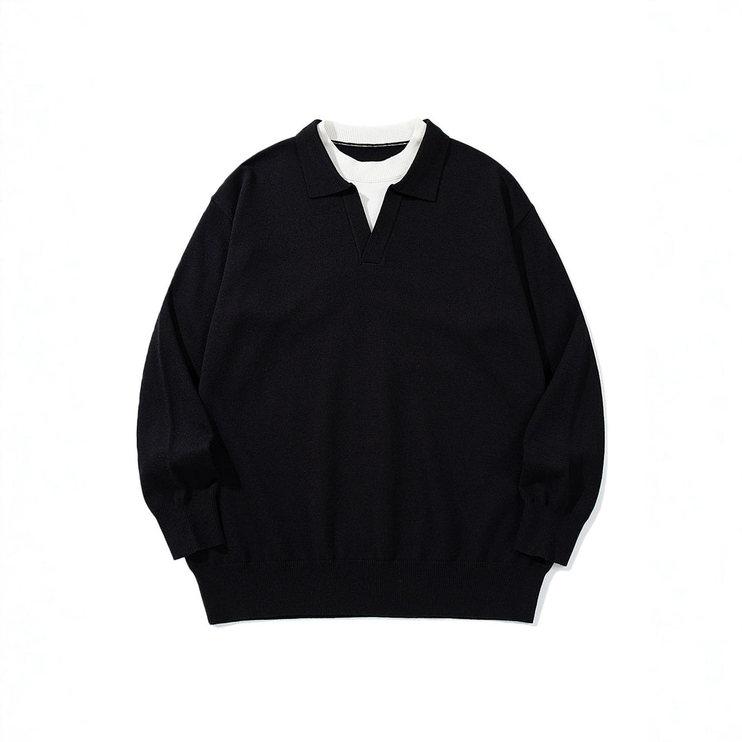 Unisex Feinstrick-Polo mit V‑Ausschnitt‑Cutout und integriertem Rollkragen-Layer Echoarchiv