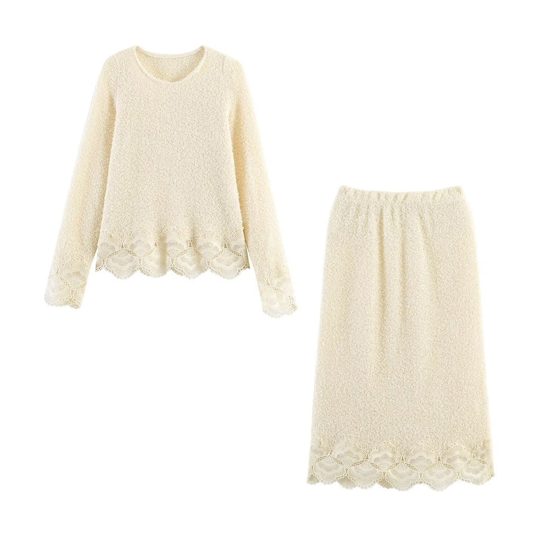 Damen Bouclé-Strickpullover mit Spitzenbesatz und gewelltem Saum Echo Archiv