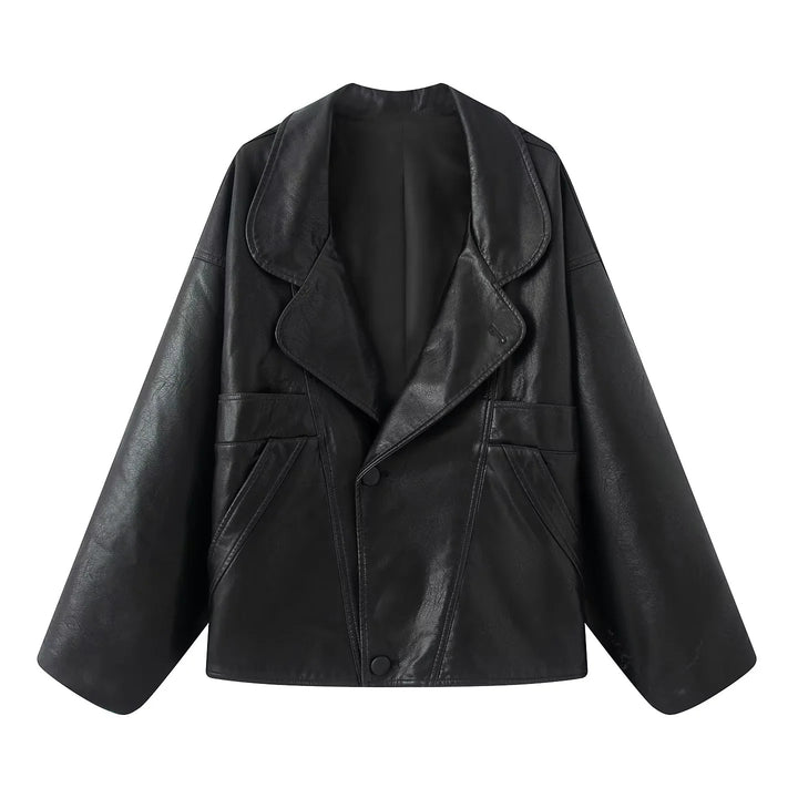 Damen nan kastiger Lederimitat-Blouson mit überlappendem Schalkragen und diagonal eingesetzten Taschen Echo Archiv
