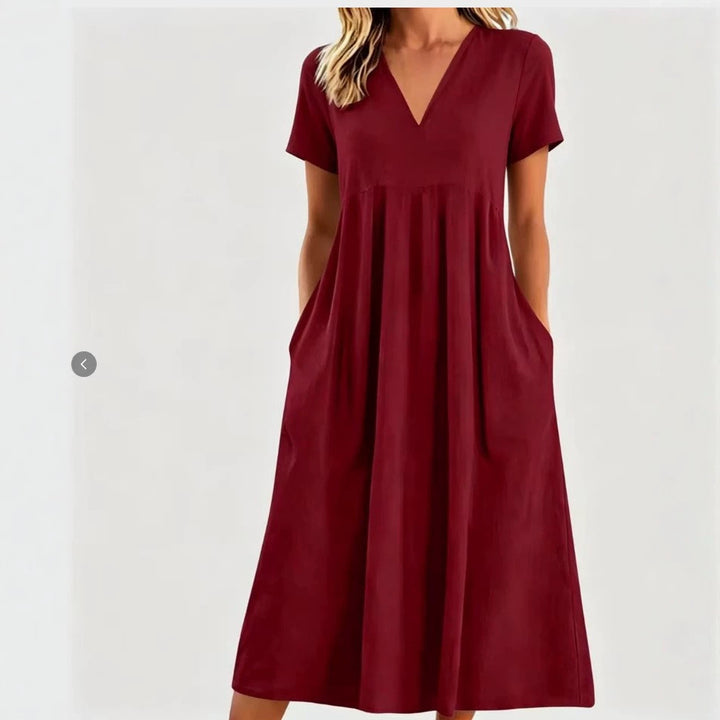 Damen nan legeres V-Ausschnitt-Midikleid mit Eingrifftaschen und geraffter Empirenaht Echo Archiv