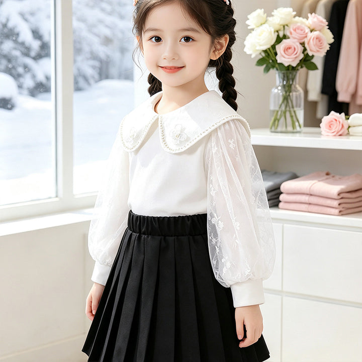Mädchen Bluse mit elegantem Tüllkragen und floralen Applikationen Echo Archiv