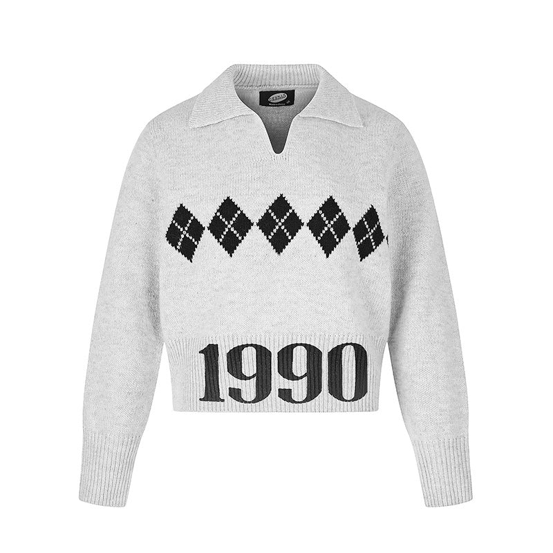 Damen Cropped Strickpullover mit Polokragen, Rippbund und Argyle‑Motiv Echoarchiv