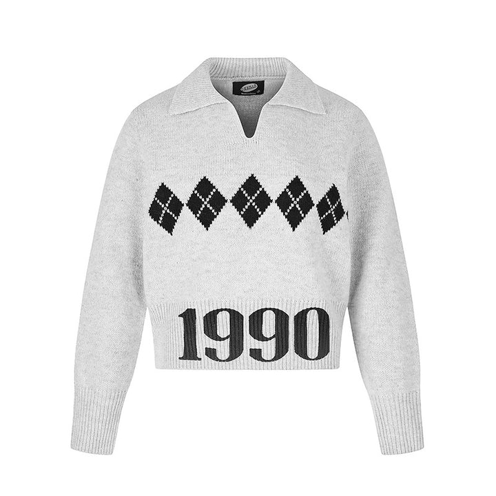 Damen Cropped Strickpullover mit Polokragen, Rippbund und Argyle‑Motiv Echoarchiv