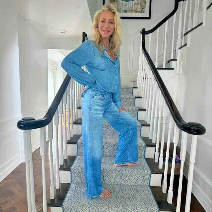 Damen Entspanntes Denim Loungewear-Set mit Übergröße Hemd und Weiten Schlaghosen Echoarchiv