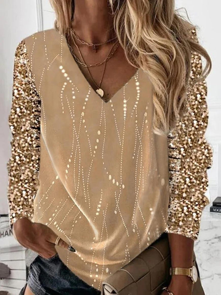Damen Festliche V-Ausschnitt Bluse mit Paillettenärmeln und leichter Drapierung – Élovi