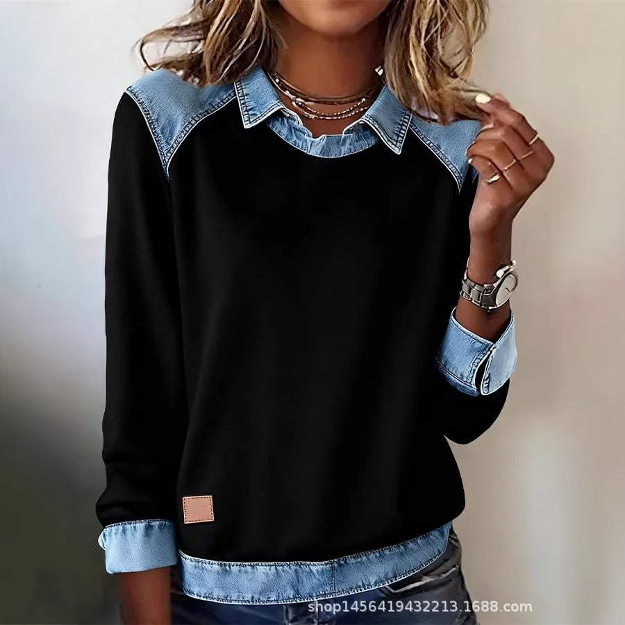 Damen nan gerippter Strickpullover mit Jeanskragen und Knopfleiste Echo Archiv