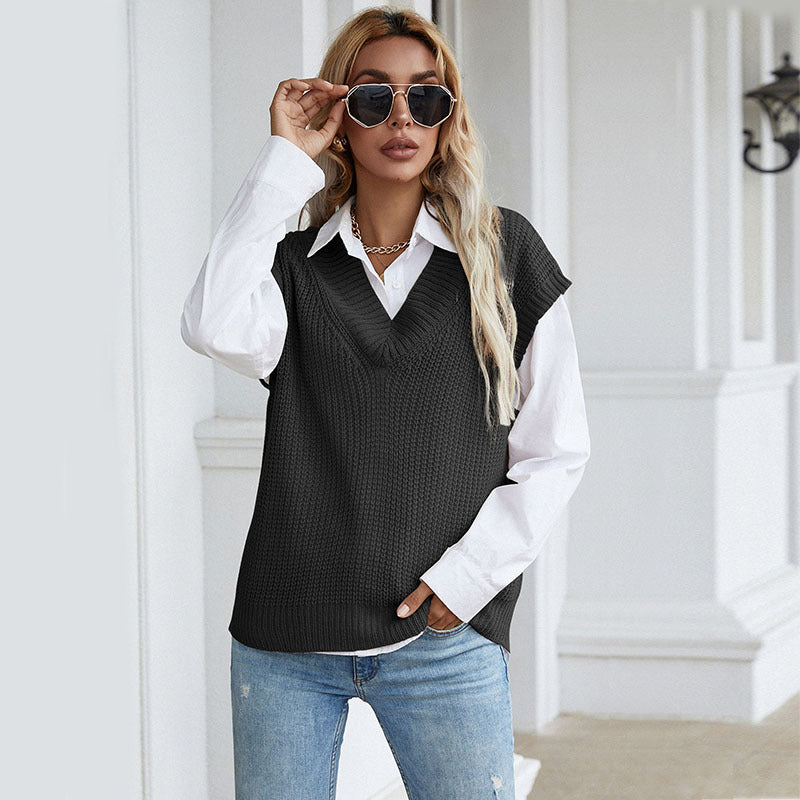 Damen Grobgestrickte Oversize-Weste mit tiefem V‑Ausschnitt und Rippsaum Echoarchiv