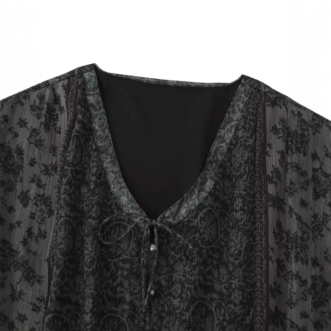 Damen transparente Paisley-Chiffon-Tunika mit V-Ausschnitt, Kordelzug und Perlendetail – Avérine