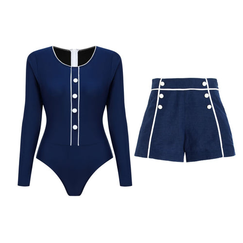 Damen Sportlicher Schwimmanzug mit Langarm und Knopfdetails Echo Archiv