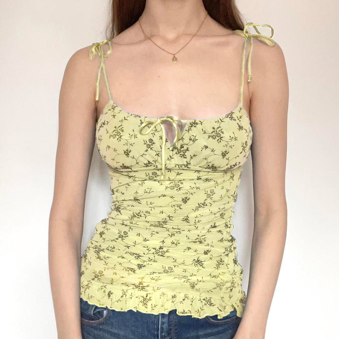 Damen luftiges Blumenmuster Top mit Rüschendetails und verstellbaren Trägern Echo Archiv
