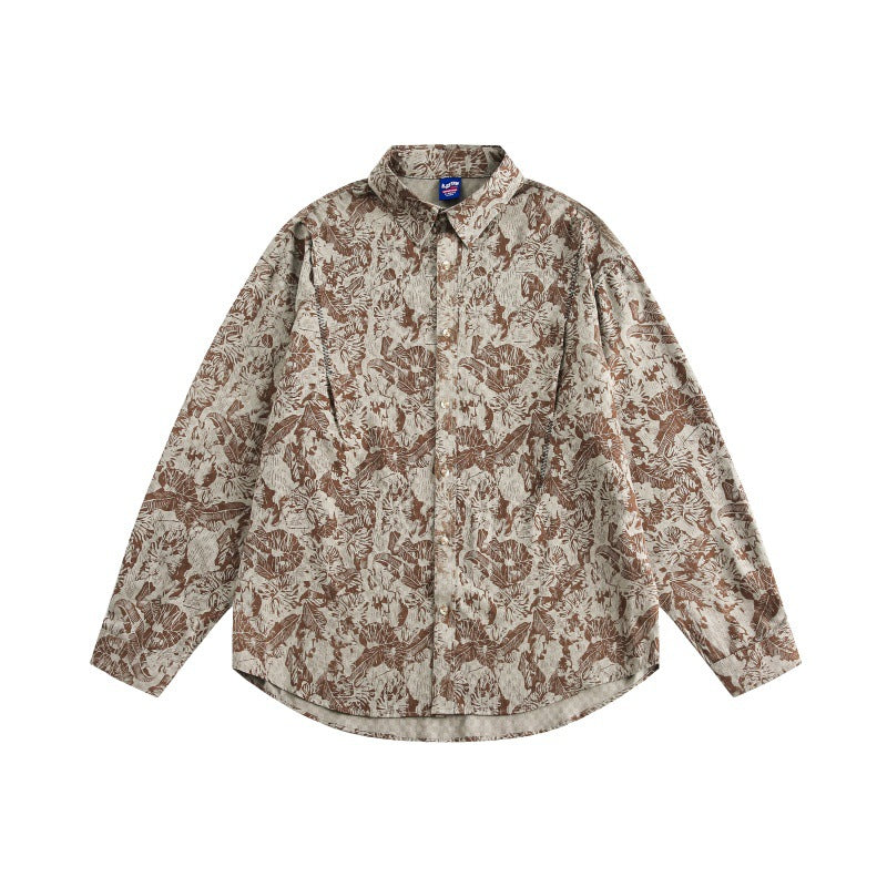 Unisex Oversized Hemdjacke mit floraler Jacquardstruktur und abgerundetem Saum Echoarchiv