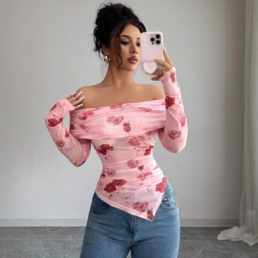 Damen nan schulterfreies gerafftes Langarm-Oberteil aus feinem Mesh mit floralem Print und taillierter Silhouette Echo Archiv