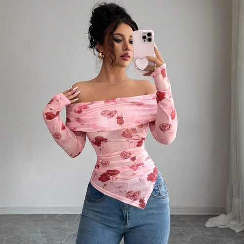 Damen nan schulterfreies gerafftes Langarm-Oberteil aus feinem Mesh mit floralem Print und taillierter Silhouette Echo Archiv