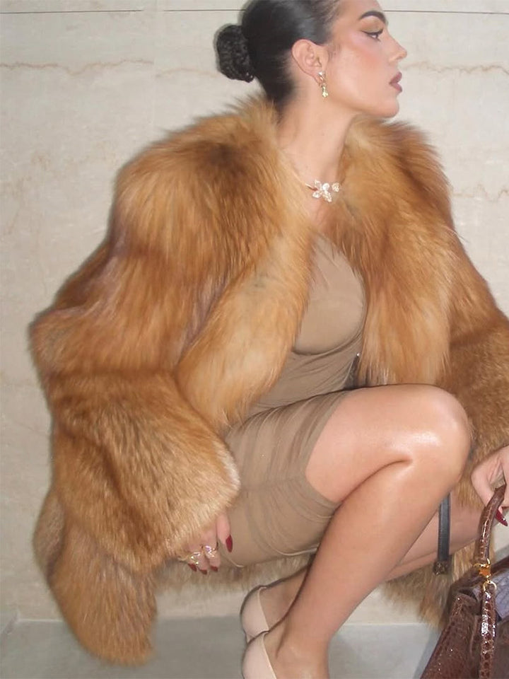 Damen Kurzer Plüsch-Fauxfur-Mantel mit kastiger Silhouette und voluminösem Schalkragen Echoarchiv