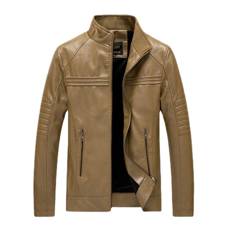Herren Slim-Fit Kunstleder-Motojacke mit Stehkragen und gesteppter Ärmelpasse Echoarchiv