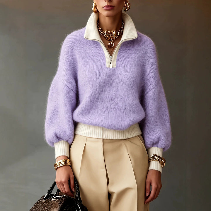 Damen Flauschiger Pullover mit halbem Reißverschluss, Stehkragen und Ballonärmeln – Mavelle