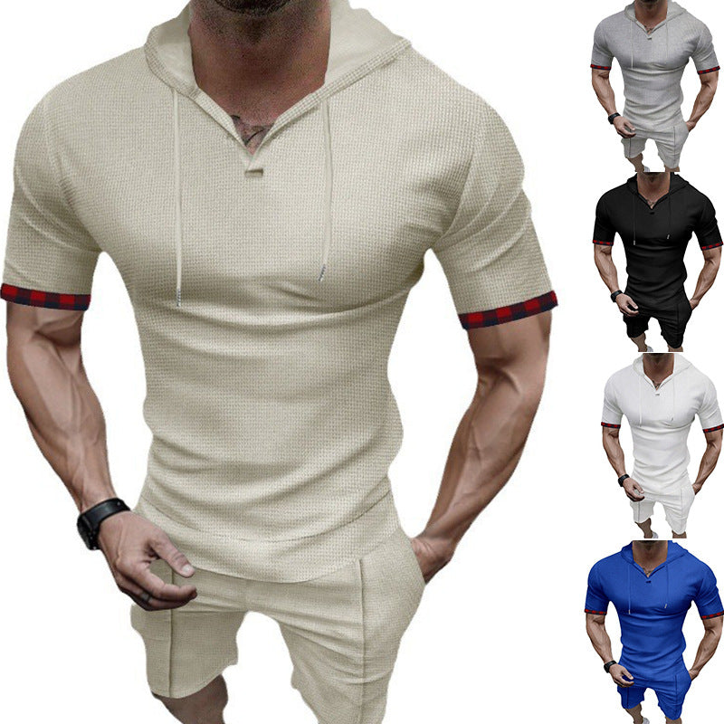 Herren sportliches Kurzarm-Hemden- und Shorts-Set mit Kapuze und kontrastierenden Ärmelabschlüssen Echoarchiv