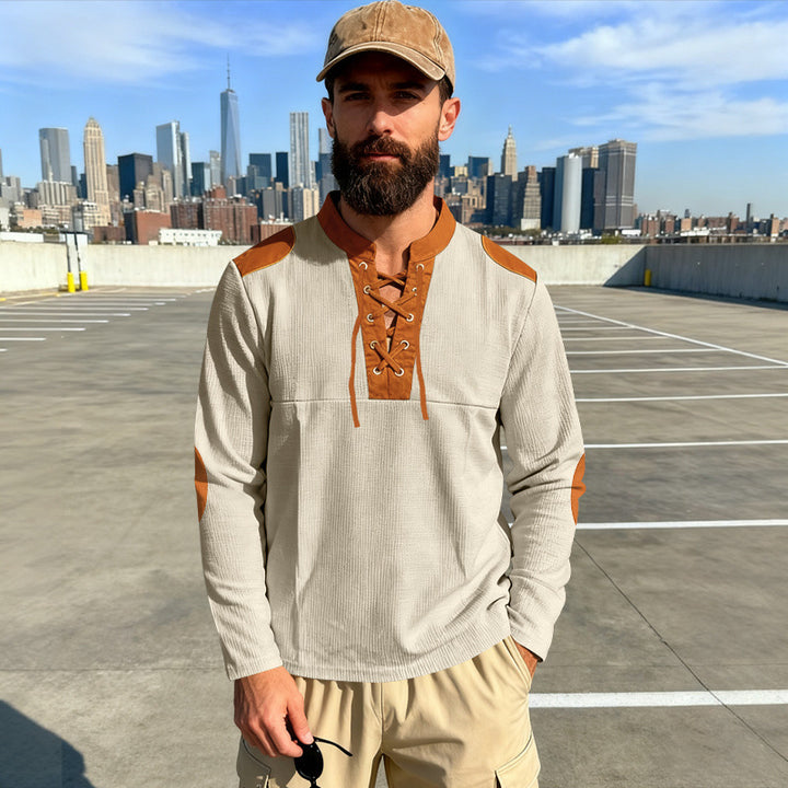 Herren Waffelstrick-Langarmshirt mit Schnürung und Kunstvelours-Ellbogenpatches – Cavarno